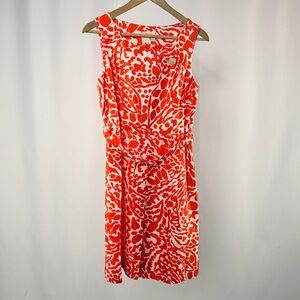 Milly Sleeveless Silk Patterned Bow Sheath Dress in Orange White Size 6